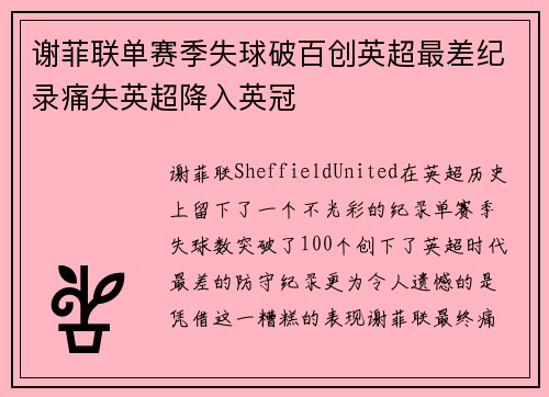 谢菲联单赛季失球破百创英超最差纪录痛失英超降入英冠 谢菲联单赛季失球破百创英超最差纪录痛失英超降入英冠
