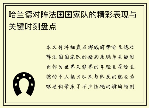 哈兰德对阵法国国家队的精彩表现与关键时刻盘点
